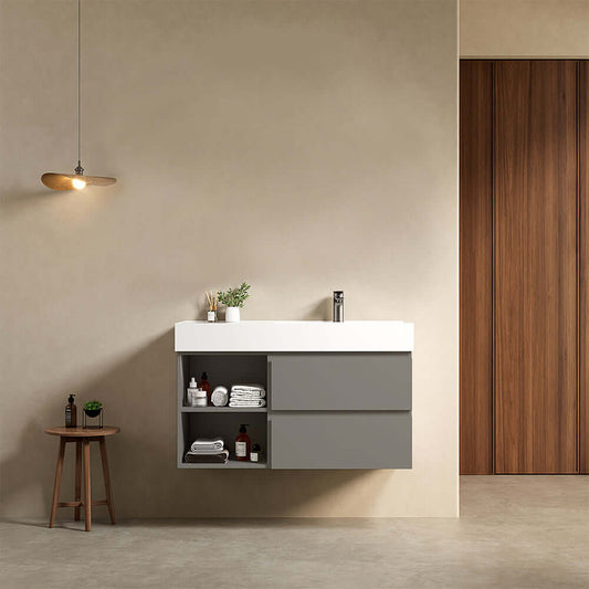 Mobile bagno sospeso 100 cm Grigio Londra Lavabo a Destra in Resina Senza Specchio - Fiji Paint Plus