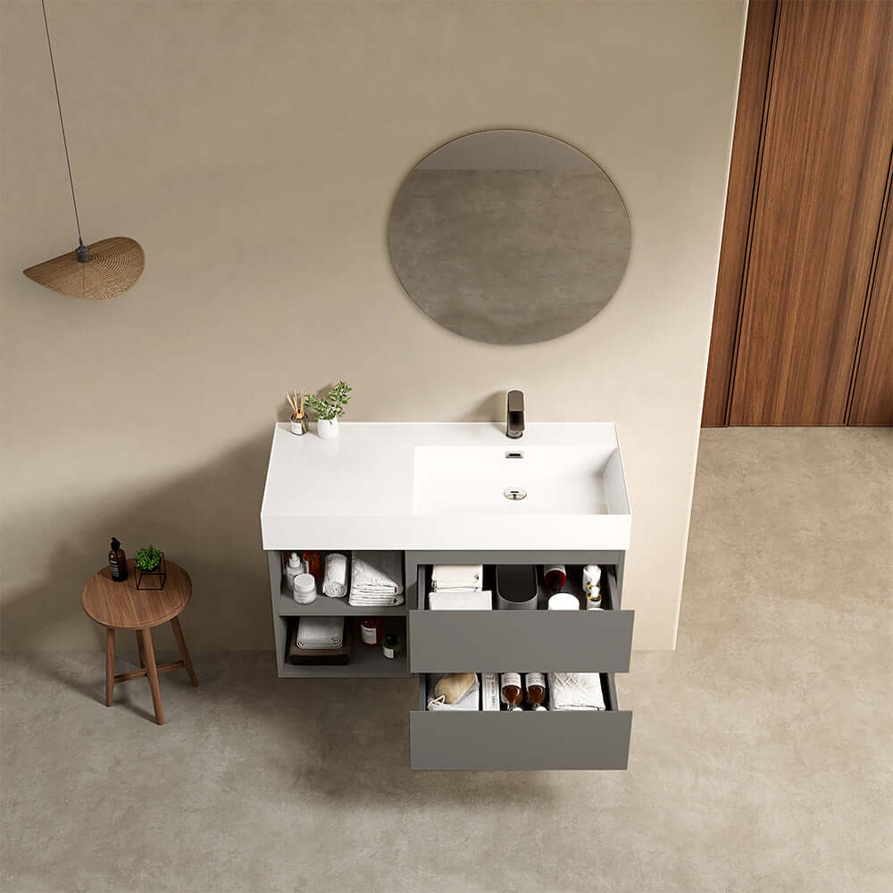 Mobile bagno sospeso 100 cm Grigio Londra Lavabo a Destra in Resina Specchio Tondo - Fiji Paint Plus