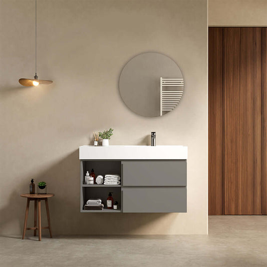 Mobile bagno sospeso 100 cm Grigio Londra Lavabo a Destra in Resina Specchio Tondo - Fiji Paint Plus