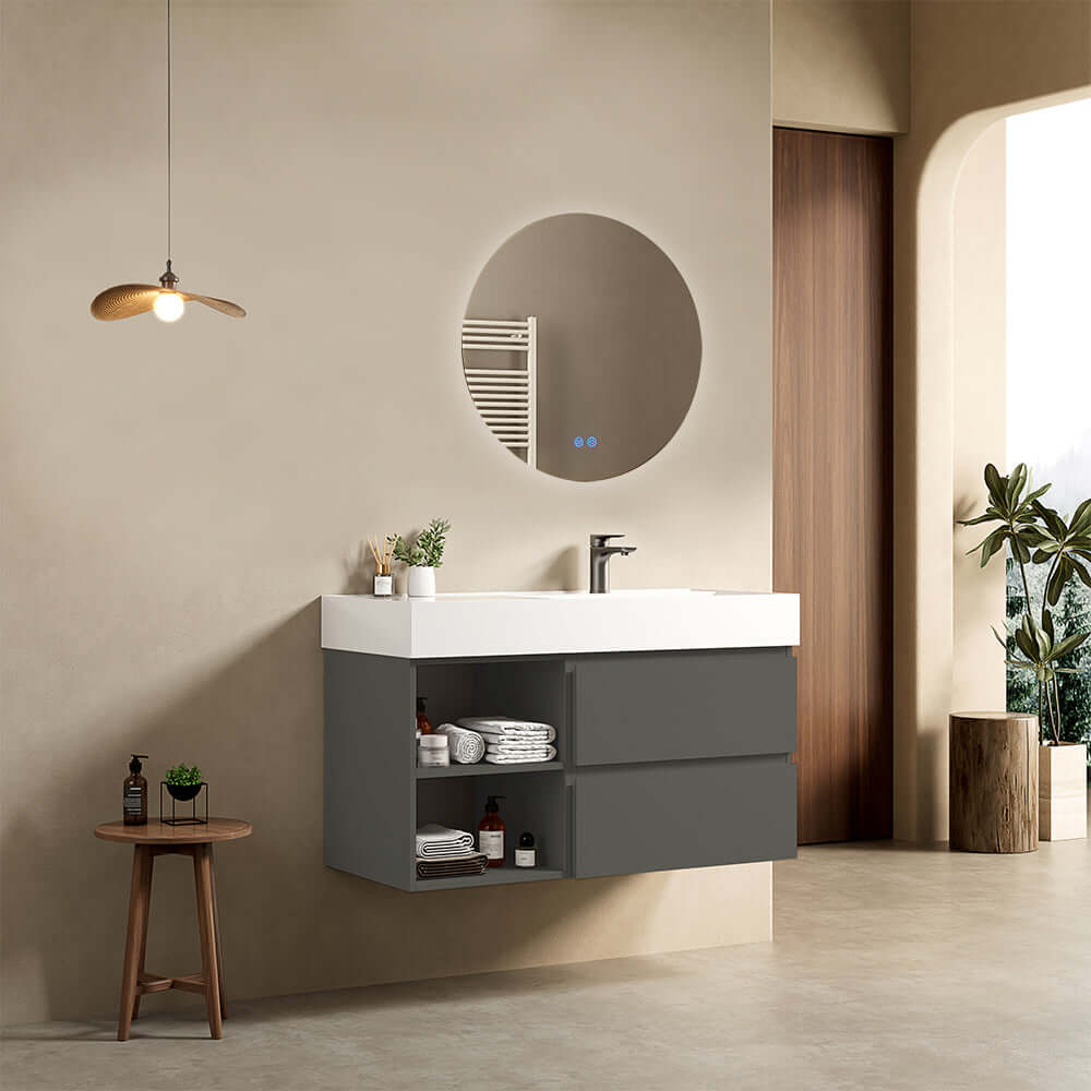 Mobile bagno sospeso 100 cm Grigio Londra Lavabo a Destra in Resina Specchio Tondo Retroilluminato - Fiji Paint Plus