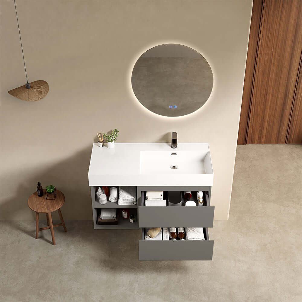 Mobile bagno sospeso 100 cm Grigio Londra Lavabo a Destra in Resina Specchio Tondo Retroilluminato - Fiji Paint Plus
