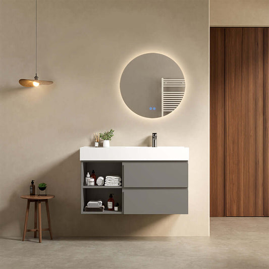 Mobile bagno sospeso 100 cm Grigio Londra Lavabo a Destra in Resina Specchio Tondo Retroilluminato - Fiji Paint Plus