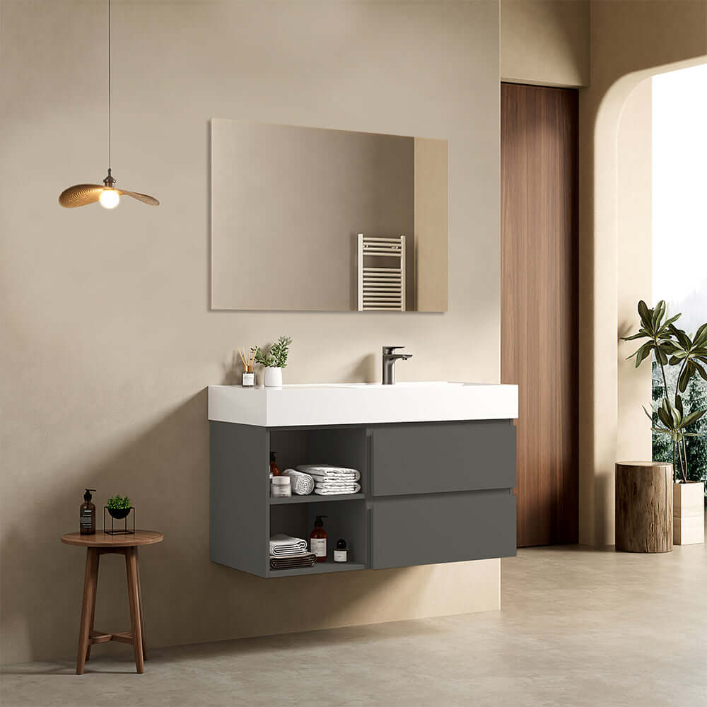 Mobile bagno sospeso 100 cm Grigio Londra Lavabo a Destra in Resina Specchio Quadro - Fiji Paint Plus