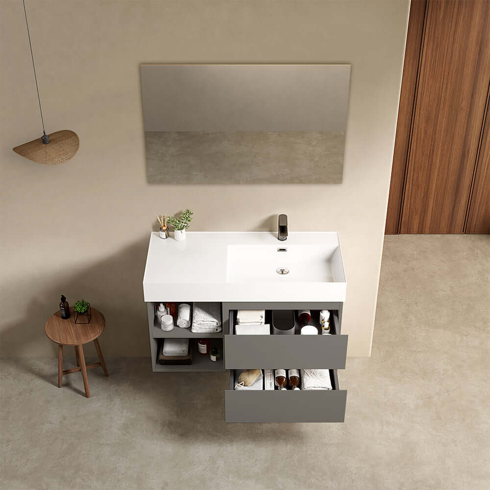Mobile bagno sospeso 100 cm Grigio Londra Lavabo a Destra in Resina Specchio Quadro - Fiji Paint Plus