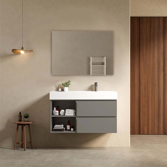 Mobile bagno sospeso 100 cm Grigio Londra Lavabo a Destra in Resina Specchio Quadro - Fiji Paint Plus