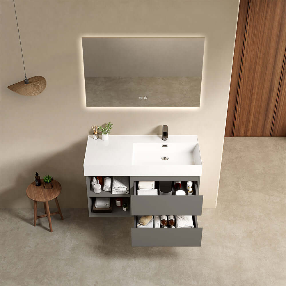 Mobile bagno sospeso 100 cm Grigio Londra Lavabo a Destra in Resina Specchio Quadro Retroilluminato - Fiji Paint Plus