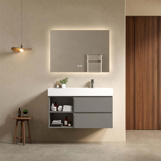 Mobile bagno sospeso 100 cm Grigio Londra Lavabo a Destra in Resina Specchio Quadro Retroilluminato - Fiji Paint Plus