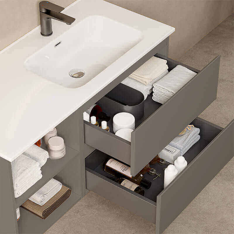Mobile bagno sospeso 100 cm Grigio Londra Lavabo a Destra in Ceramica Specchio Quadro Retroilluminato - Fiji Paint Plus