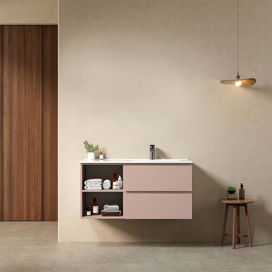Mobile bagno sospeso 100 cm Rosa Retro Lavabo a Destra in Ceramica Senza Specchio - Fiji Paint Plus
