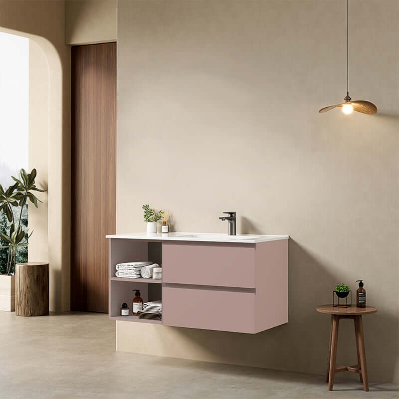 Mobile bagno sospeso 100 cm Rosa Retro Lavabo a Destra in Ceramica Senza Specchio - Fiji Paint Plus