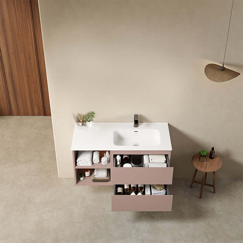 Mobile bagno sospeso 100 cm Rosa Retro Lavabo a Destra in Ceramica Senza Specchio - Fiji Paint Plus