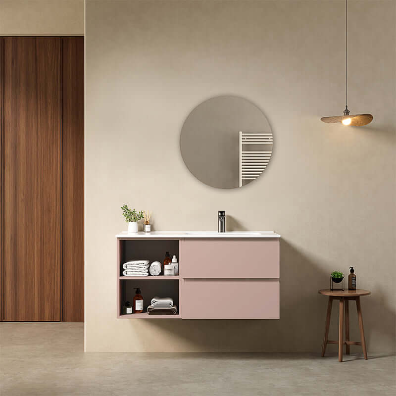 Mobile bagno sospeso 100 cm Rosa Retro Lavabo a Destra in Ceramica Specchio Tondo - Fiji Paint Plus