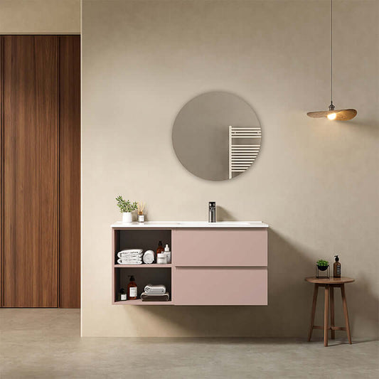 Mobile bagno sospeso 100 cm Rosa Retro Lavabo a Destra in Ceramica Specchio Tondo - Fiji Paint Plus