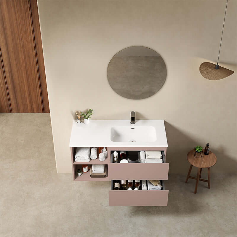 Mobile bagno sospeso 100 cm Rosa Retro Lavabo a Destra in Ceramica Specchio Tondo - Fiji Paint Plus