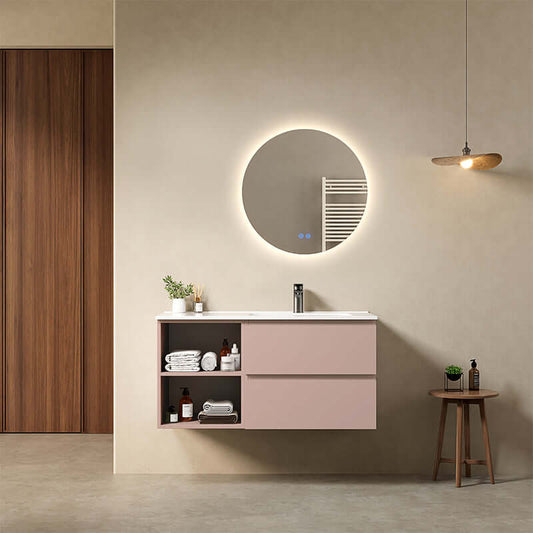 Mobile bagno sospeso 100 cm Rosa Retro Lavabo a Destra in Ceramica Specchio Tondo Retroilluminato - Fiji Paint Plus