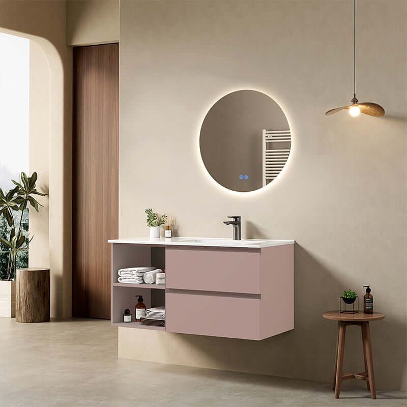 Mobile bagno sospeso 100 cm Rosa Retro Lavabo a Destra in Ceramica Specchio Tondo Retroilluminato - Fiji Paint Plus