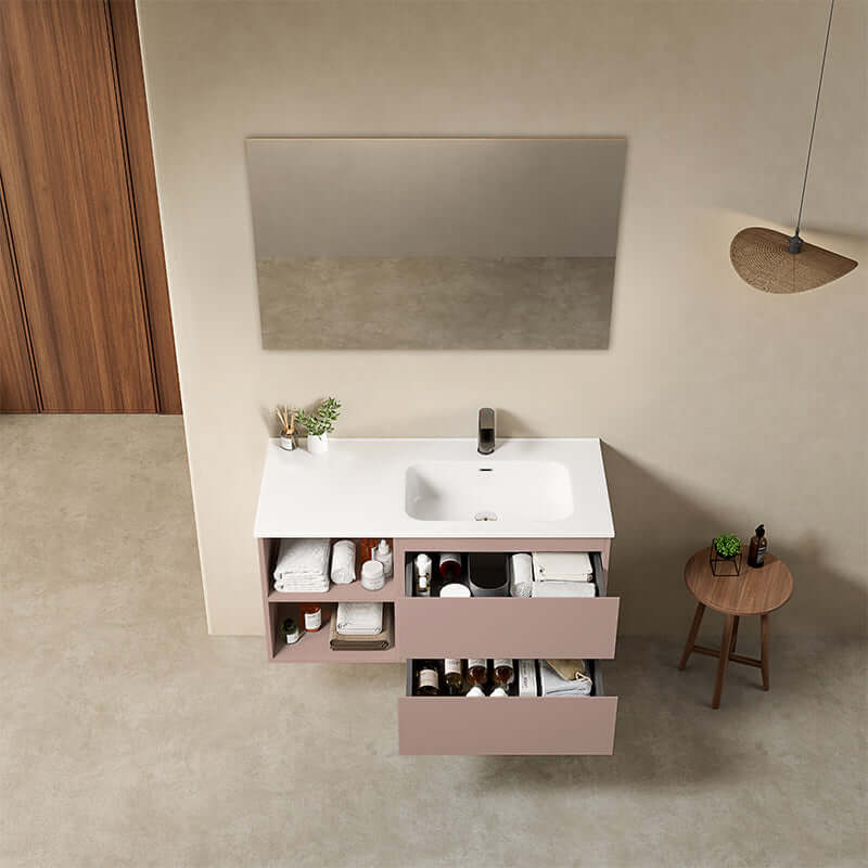 Mobile bagno sospeso 100 cm Rosa Retro Lavabo a Destra in Ceramica Specchio Quadro - Fiji Paint Plus