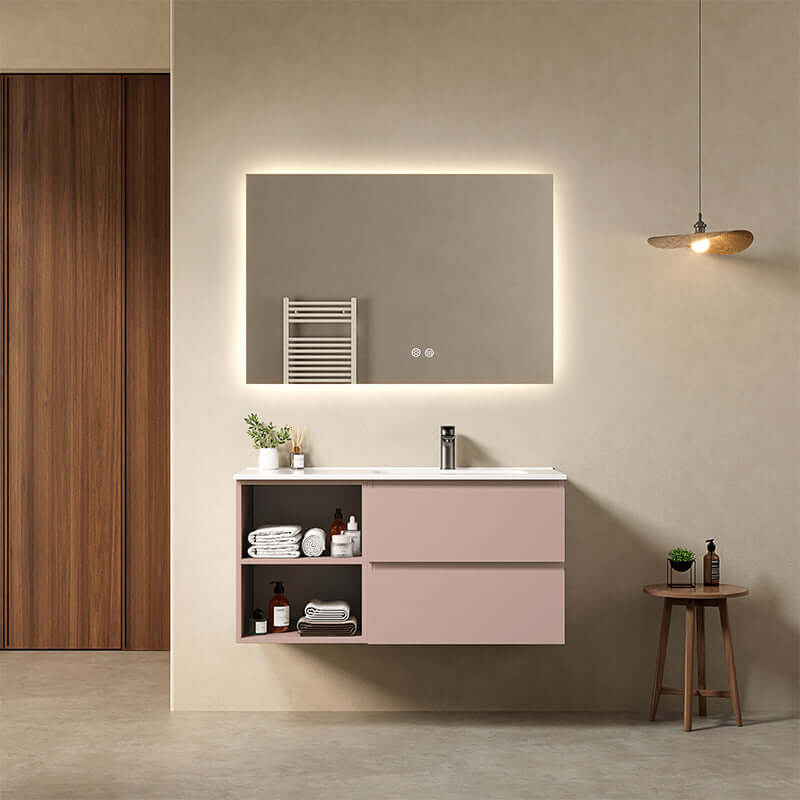 Mobile bagno sospeso 100 cm Rosa Retro Lavabo a Destra in Ceramica Specchio Quadro Retroilluminato - Fiji Paint Plus