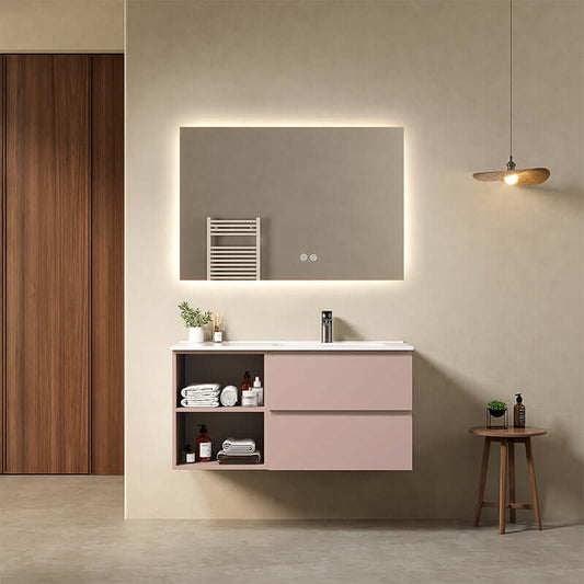 Mobile bagno sospeso 100 cm Rosa Retro Lavabo a Destra in Ceramica Specchio Quadro Retroilluminato - Fiji Paint Plus
