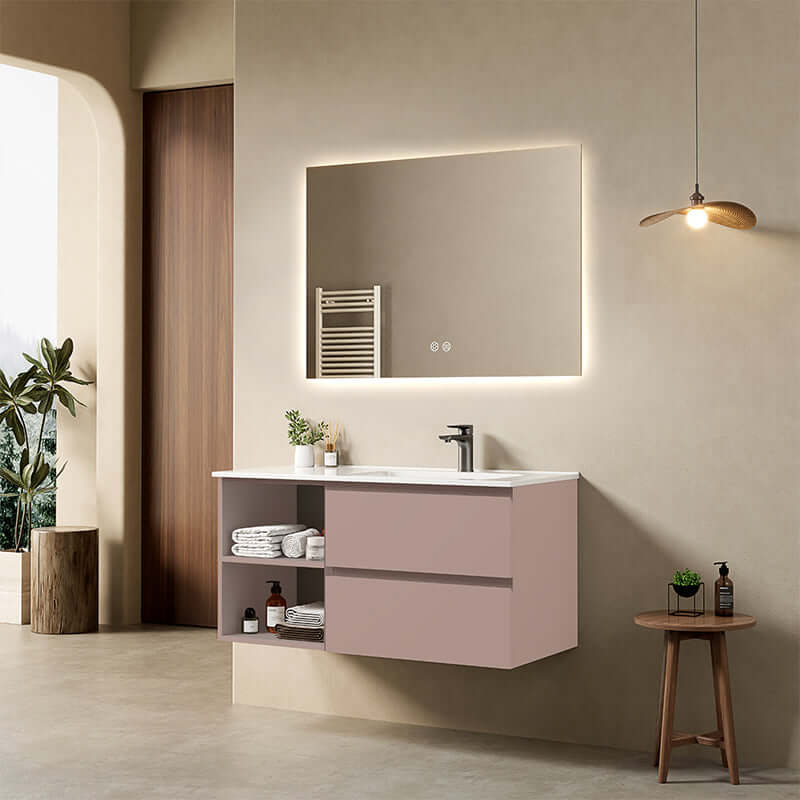 Mobile bagno sospeso 100 cm Rosa Retro Lavabo a Destra in Ceramica Specchio Quadro Retroilluminato - Fiji Paint Plus