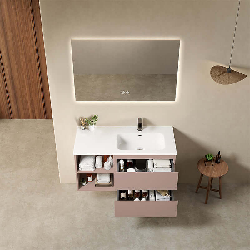 Mobile bagno sospeso 100 cm Rosa Retro Lavabo a Destra in Ceramica Specchio Quadro Retroilluminato - Fiji Paint Plus