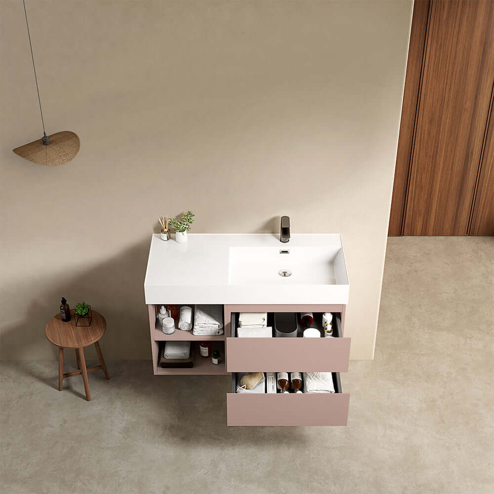 Mobile bagno sospeso 100 cm Rosa Retro Lavabo a Destra in Resina Senza Specchio - Fiji Paint Plus