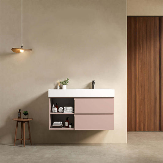 Mobile bagno sospeso 100 cm Rosa Retro Lavabo a Destra in Resina Senza Specchio - Fiji Paint Plus