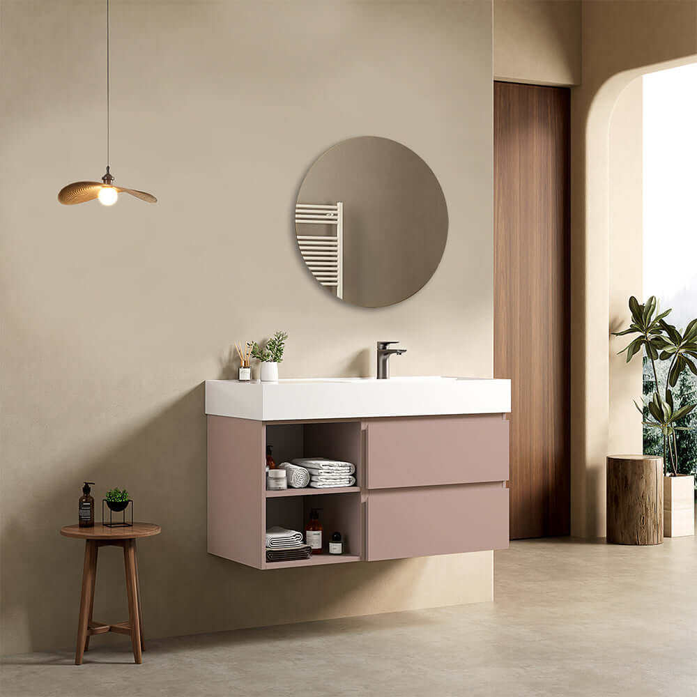 Mobile bagno sospeso 100 cm Rosa Retro Lavabo a Destra in Resina Specchio Tondo - Fiji Paint Plus