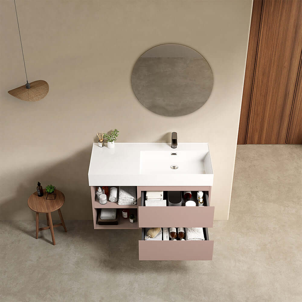Mobile bagno sospeso 100 cm Rosa Retro Lavabo a Destra in Resina Specchio Tondo - Fiji Paint Plus