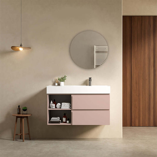 Mobile bagno sospeso 100 cm Rosa Retro Lavabo a Destra in Resina Specchio Tondo - Fiji Paint Plus