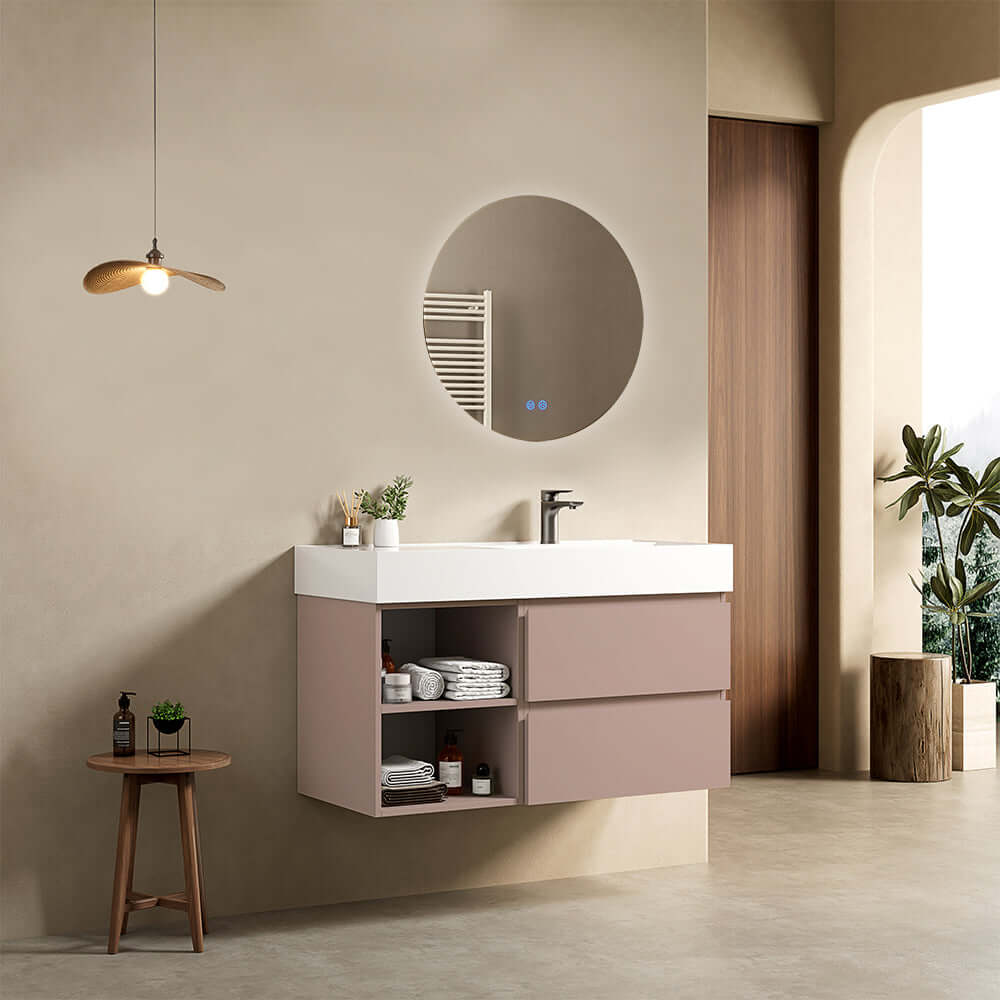 Mobile bagno sospeso 100 cm Rosa Retro Lavabo a Destra in Resina Specchio Tondo Retroilluminato - Fiji Paint Plus