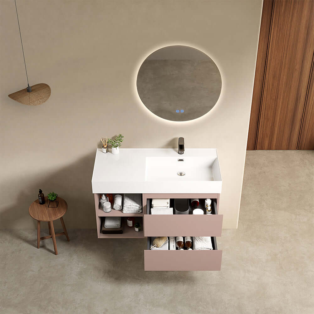 Mobile bagno sospeso 100 cm Rosa Retro Lavabo a Destra in Resina Specchio Tondo Retroilluminato - Fiji Paint Plus