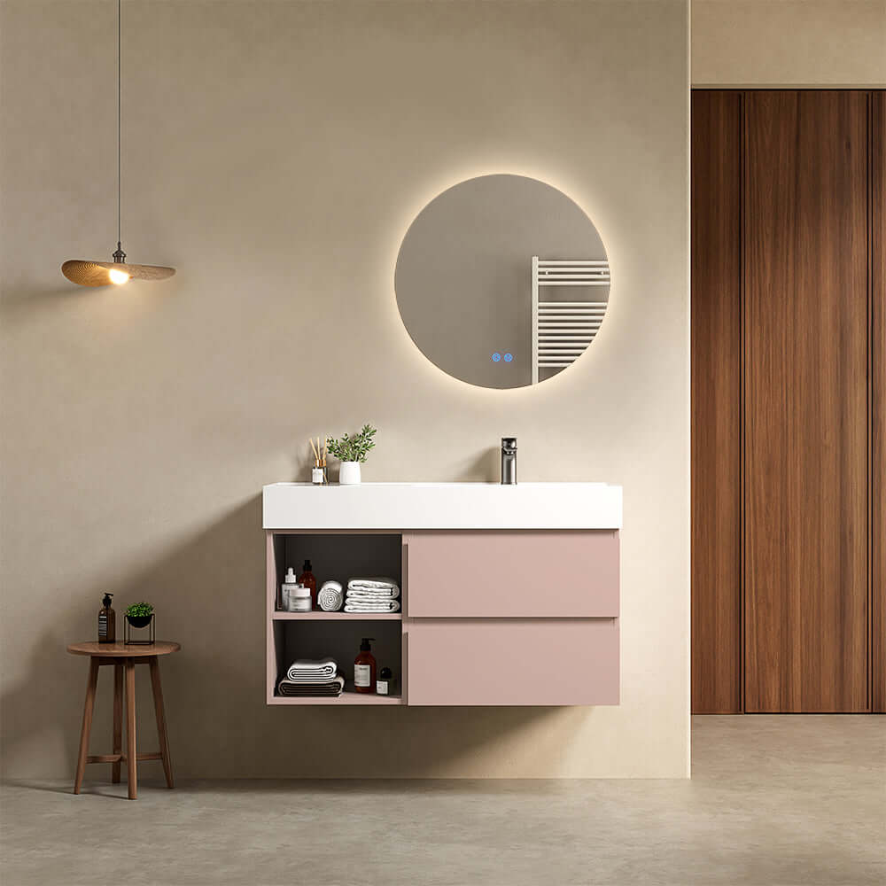 Mobile bagno sospeso 100 cm Rosa Retro Lavabo a Destra in Resina Specchio Tondo Retroilluminato - Fiji Paint Plus
