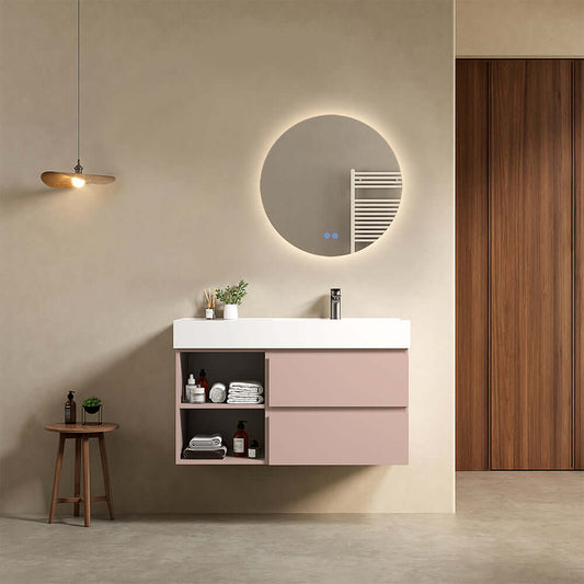 Mobile bagno sospeso 100 cm Rosa Retro Lavabo a Destra in Resina Specchio Tondo Retroilluminato - Fiji Paint Plus