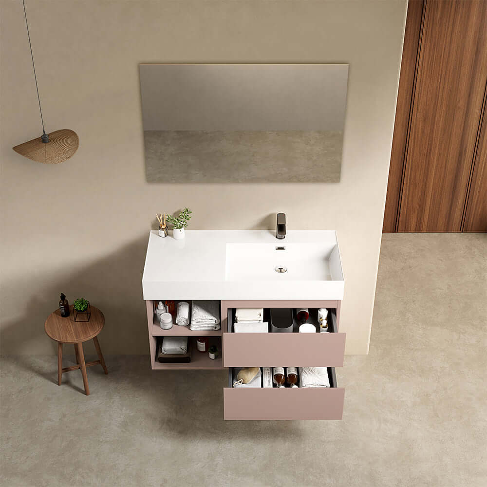 Mobile bagno sospeso 100 cm Rosa Retro Lavabo a Destra in Resina Specchio Quadro - Fiji Paint Plus