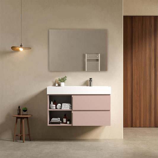Mobile bagno sospeso 100 cm Rosa Retro Lavabo a Destra in Resina Specchio Quadro - Fiji Paint Plus