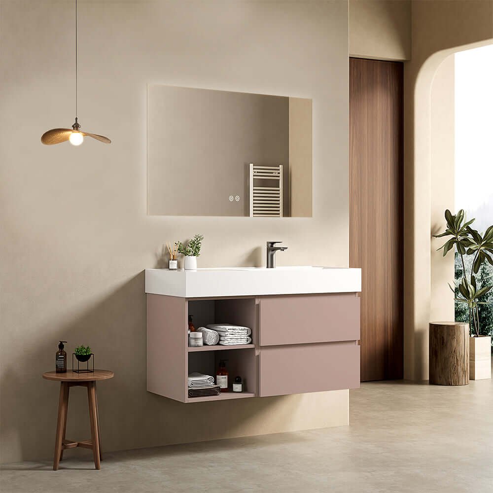 Mobile bagno sospeso 100 cm Rosa Retro Lavabo a Destra in Resina Specchio Quadro Retroilluminato - Fiji Paint Plus