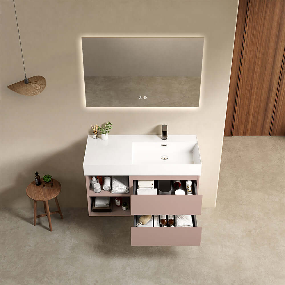 Mobile bagno sospeso 100 cm Rosa Retro Lavabo a Destra in Resina Specchio Quadro Retroilluminato - Fiji Paint Plus