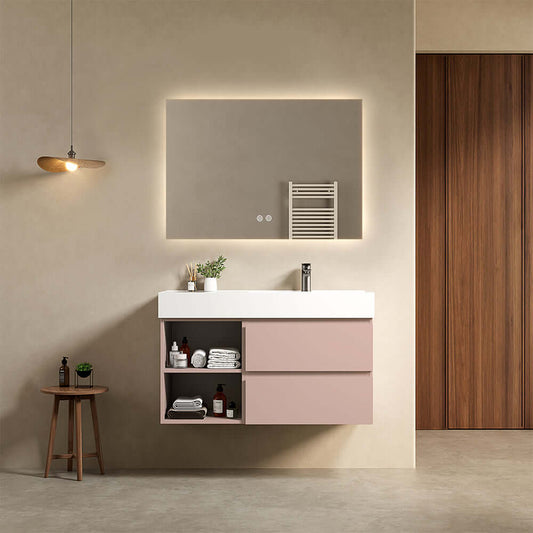 Mobile bagno sospeso 100 cm Rosa Retro Lavabo a Destra in Resina Specchio Quadro Retroilluminato - Fiji Paint Plus