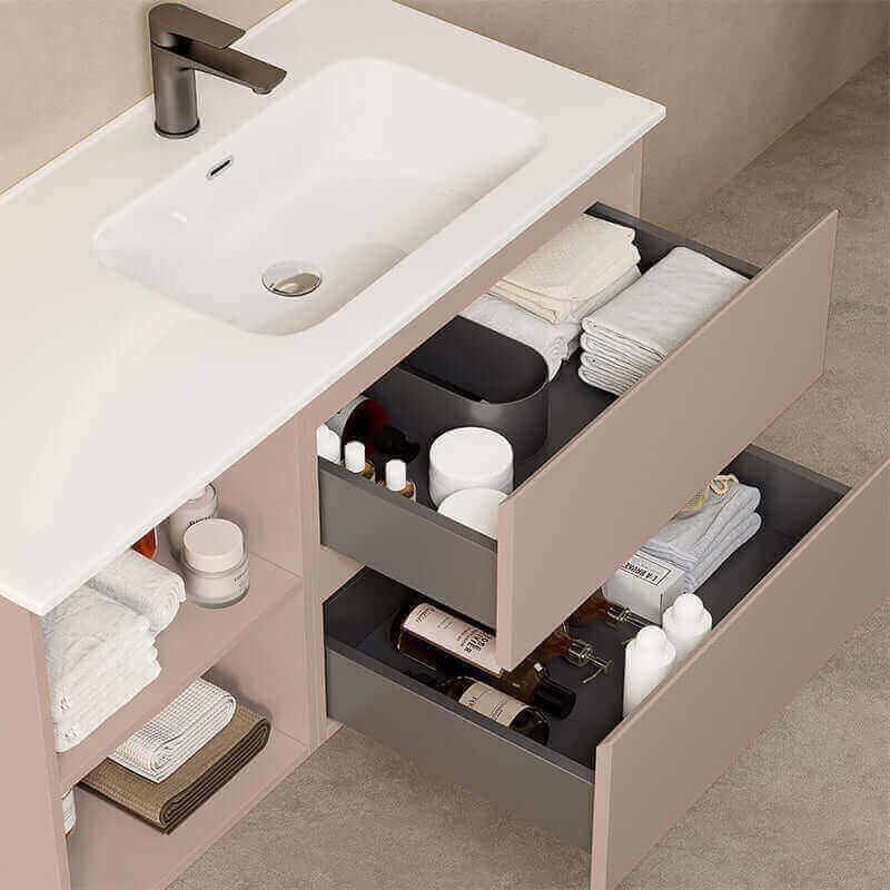 Mobile bagno sospeso 100 cm Rosa Retro Lavabo a Destra in Ceramica Specchio Tondo - Fiji Paint Plus