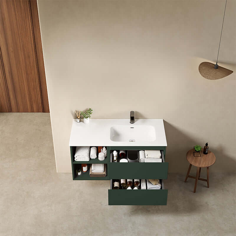 Mobile bagno sospeso 100 cm Verde Comodoro Lavabo a Destra in Ceramica Senza Specchio - Fiji Paint Plus