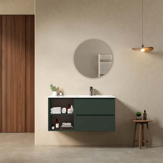 Mobile bagno sospeso 100 cm Verde Comodoro Lavabo a Destra in Ceramica Specchio Tondo - Fiji Paint Plus