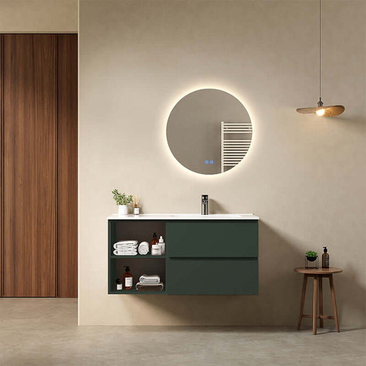 Mobile bagno sospeso 100 cm Verde Comodoro Lavabo a Destra in Ceramica Specchio Tondo Retroilluminato - Fiji Paint Plus