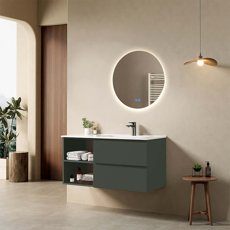Mobile bagno sospeso 100 cm Verde Comodoro Lavabo a Destra in Ceramica Specchio Tondo Retroilluminato - Fiji Paint Plus
