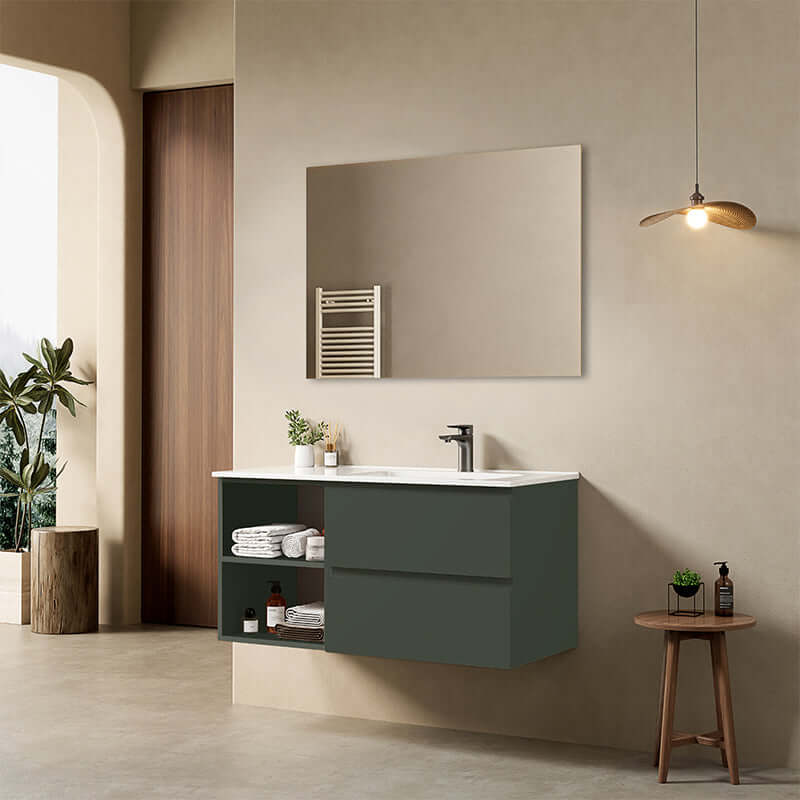 Mobile bagno sospeso 100 cm Verde Comodoro Lavabo a Destra in Ceramica Specchio Quadro - Fiji Paint Plus