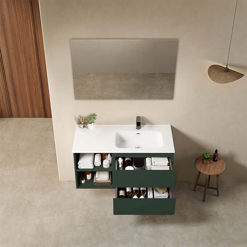 Mobile bagno sospeso 100 cm Verde Comodoro Lavabo a Destra in Ceramica Specchio Quadro - Fiji Paint Plus