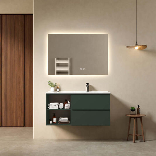 Mobile bagno sospeso 100 cm Verde Comodoro Lavabo a Destra in Ceramica Specchio Quadro Retroilluminato - Fiji Paint Plus