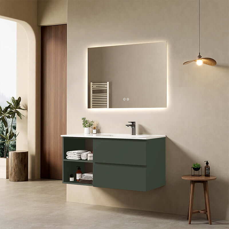 Mobile bagno sospeso 100 cm Verde Comodoro Lavabo a Destra in Ceramica Specchio Quadro Retroilluminato - Fiji Paint Plus