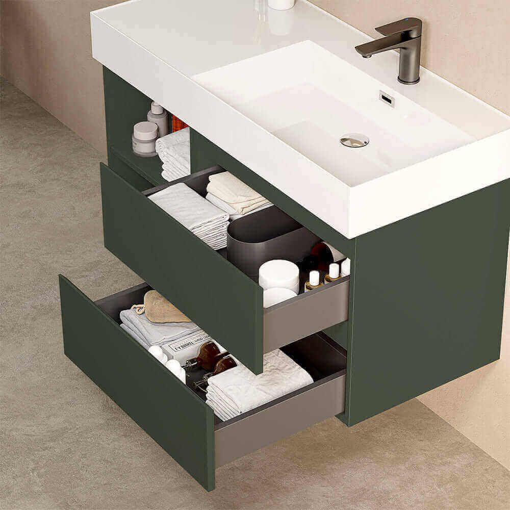 Mobile bagno sospeso 100 cm Verde Comodoro Lavabo a Destra in Resina Senza Specchio - Fiji Paint Plus