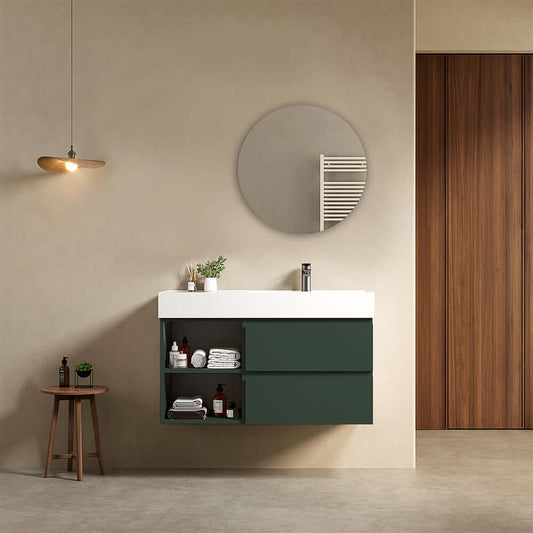 Mobile bagno sospeso 100 cm Verde Comodoro Lavabo a Destra in Resina Specchio Tondo - Fiji Paint Plus